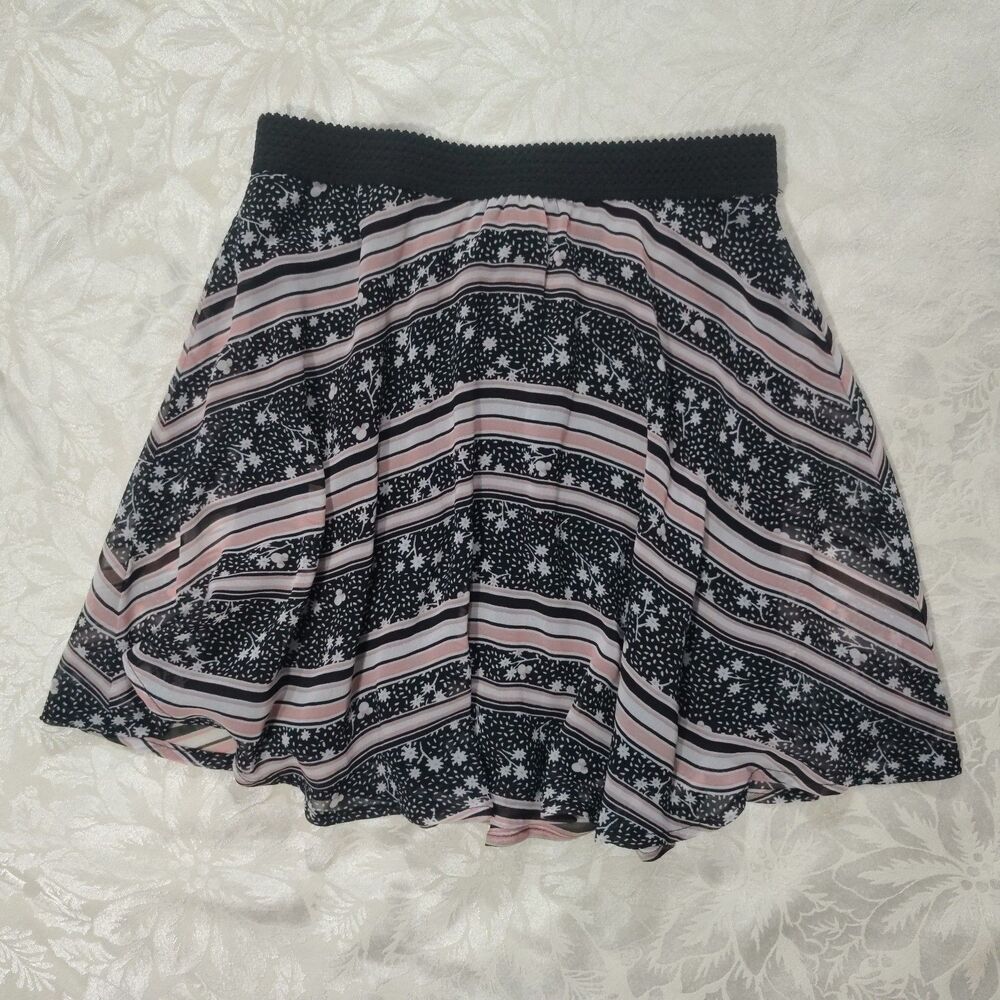 Disney Minnie Mouse Rocks The Dots Black Pink Floral Stripe Mini Skirt Sz Small